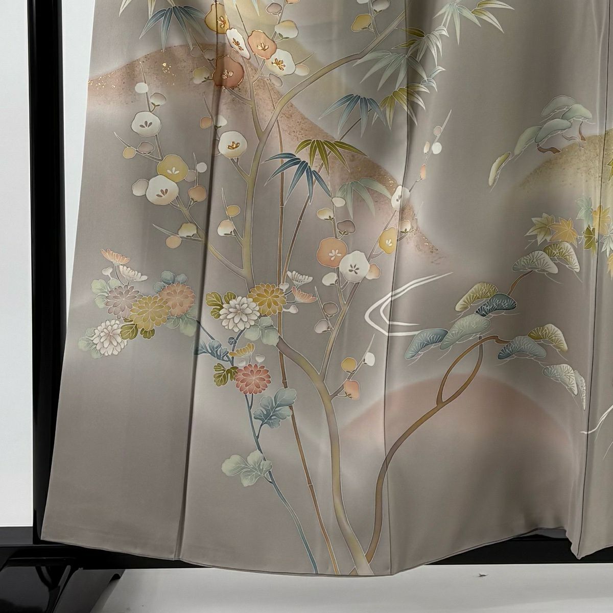 訪問服 身長158cm 袖長65cm M 雙層 松樹竹子梅花 山並 金絲 金銀彩 灰茶 純蠶絲 名品級 一つ紋