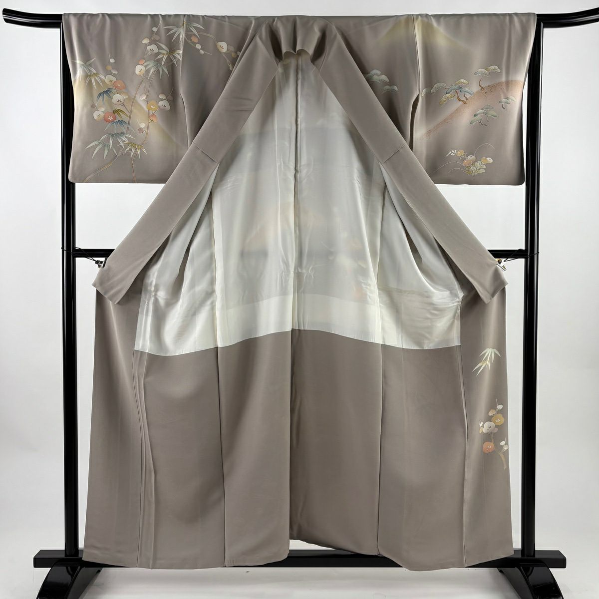 訪問服 身長158cm 袖長65cm M 雙層 松樹竹子梅花 山並 金絲 金銀彩 灰茶 純蠶絲 名品級 一つ紋