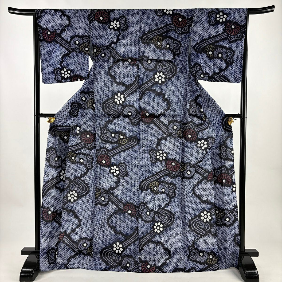 【美品】 浴衣 身長169.5cm 袖長65.5cm M 絞染浴衣 花紋 流水 深藍 棉 名品級