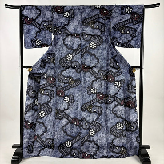 【美品】 浴衣 身長169.5cm 袖長65.5cm M 絞染浴衣 花紋 流水 深藍 棉 名品級