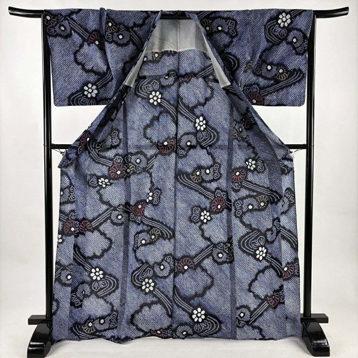 【美品】 浴衣 身長169.5cm 袖長65.5cm M 絞染浴衣 花紋 流水 深藍 棉 名品級