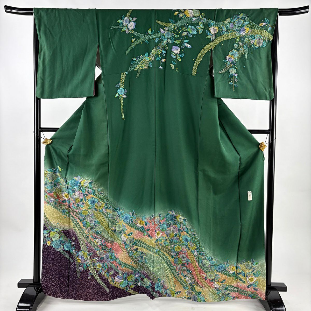 訪問服 身長163.5cm 袖長66cm M 雙層 落款あり 辻花染 金銀彩 漸層 綠 純蠶絲 名品級