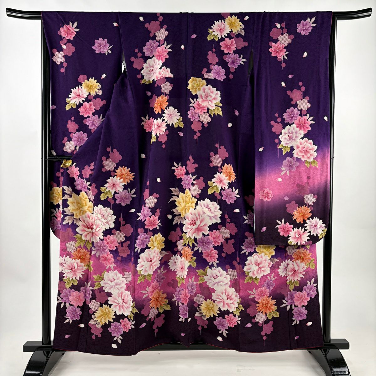 振袖禮服 身長159.5cm 袖長65.5cm M 雙層 牡丹 櫻花 金銀彩 漸層 紫 純蠶絲 名品級