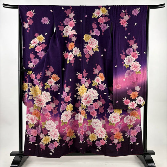 振袖禮服 身長159.5cm 袖長65.5cm M 雙層 牡丹 櫻花 金銀彩 漸層 紫 純蠶絲 名品級