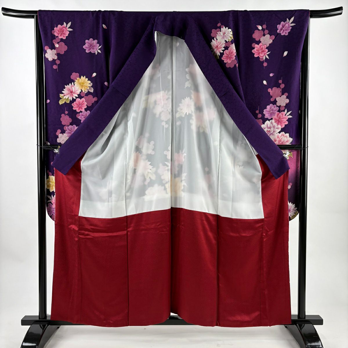 振袖禮服 身長159.5cm 袖長65.5cm M 雙層 牡丹 櫻花 金銀彩 漸層 紫 純蠶絲 名品級