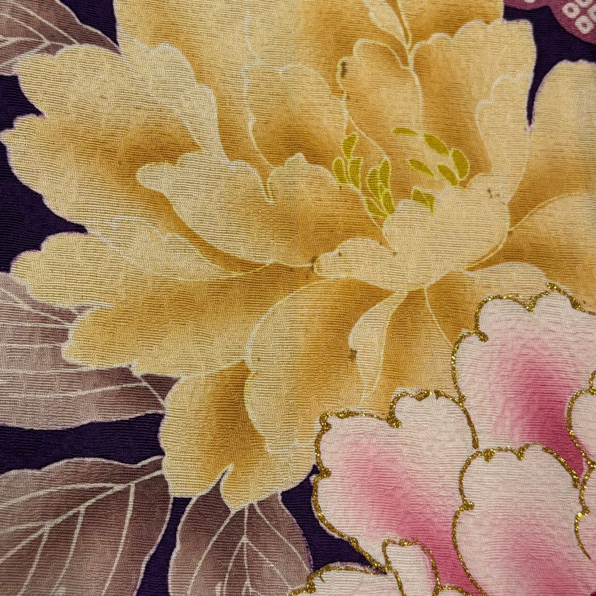 振袖禮服 身長159.5cm 袖長65.5cm M 雙層 牡丹 櫻花 金銀彩 漸層 紫 純蠶絲 名品級