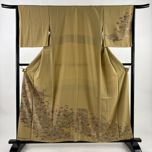 【美品】訪問服 身長157cm 袖長65cm M 雙層 誰袖 草花紋紋 金彩裝飾 刺繡 淡黃土色 純蠶絲 名品級