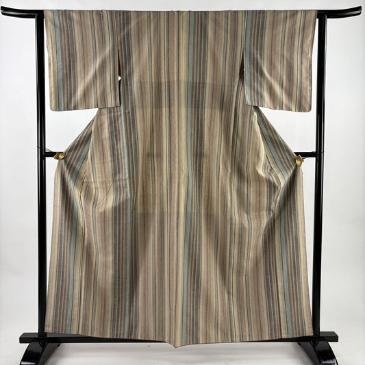 【美品】 紬織 身長159cm 袖長62.5cm S 雙層 蕨織 山彩紬織 證書齊全 條紋 淺茶 純蠶絲 名品級