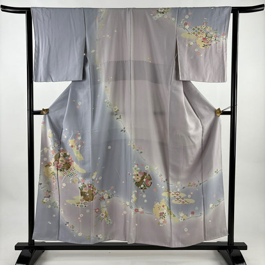 訪問服 身長155cm 袖長62.5cm S 雙層 雪輪 草花紋 金絲 金銀彩 青灰 純蠶絲 名品級