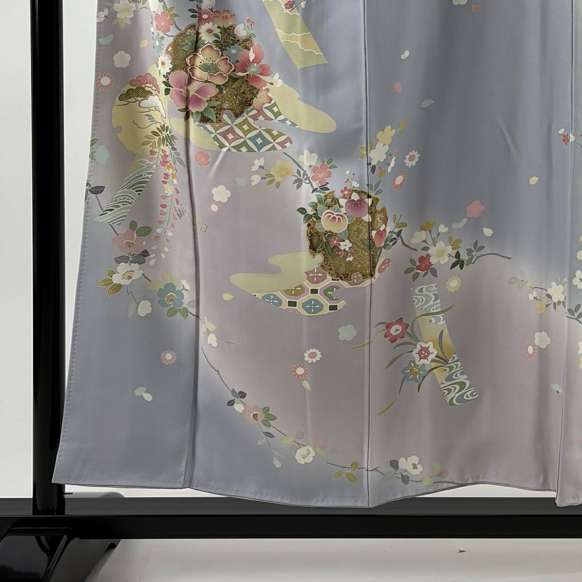 訪問服 身長155cm 袖長62.5cm S 雙層 雪輪 草花紋 金絲 金銀彩 青灰 純蠶絲 名品級