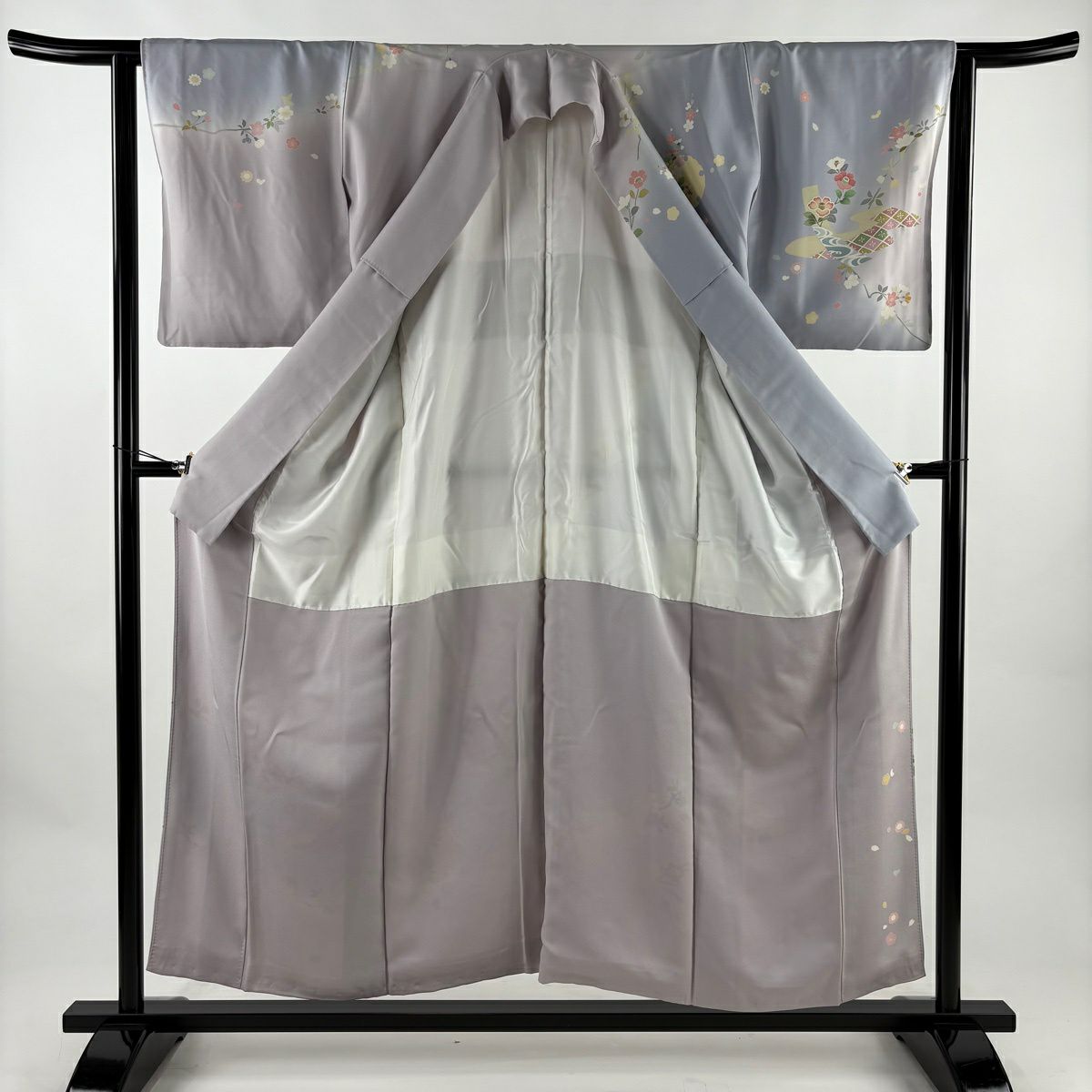 訪問服 身長155cm 袖長62.5cm S 雙層 雪輪 草花紋 金絲 金銀彩 青灰 純蠶絲 名品級