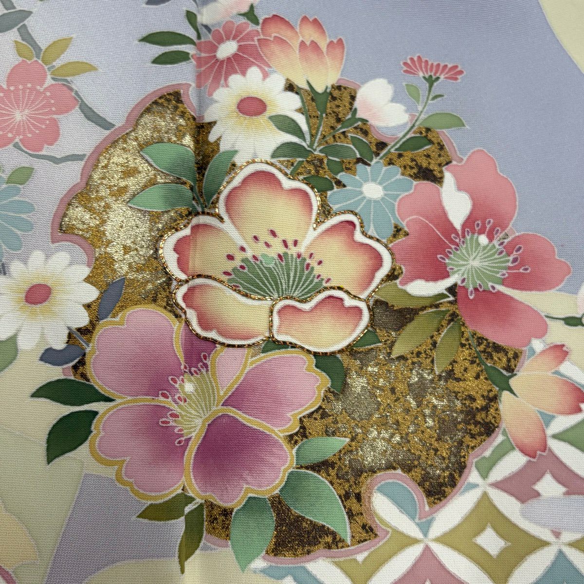 訪問服 身長155cm 袖長62.5cm S 雙層 雪輪 草花紋 金絲 金銀彩 青灰 純蠶絲 名品級