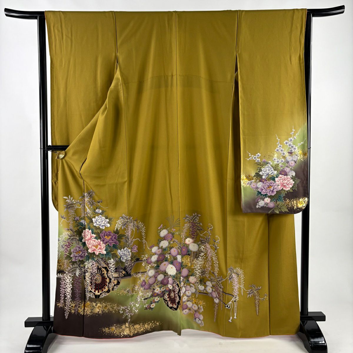 振袖禮服 身長165.5cm 袖長64cm M 雙層 花車 霞 金銀彩 芥末色 純蠶絲 名品級