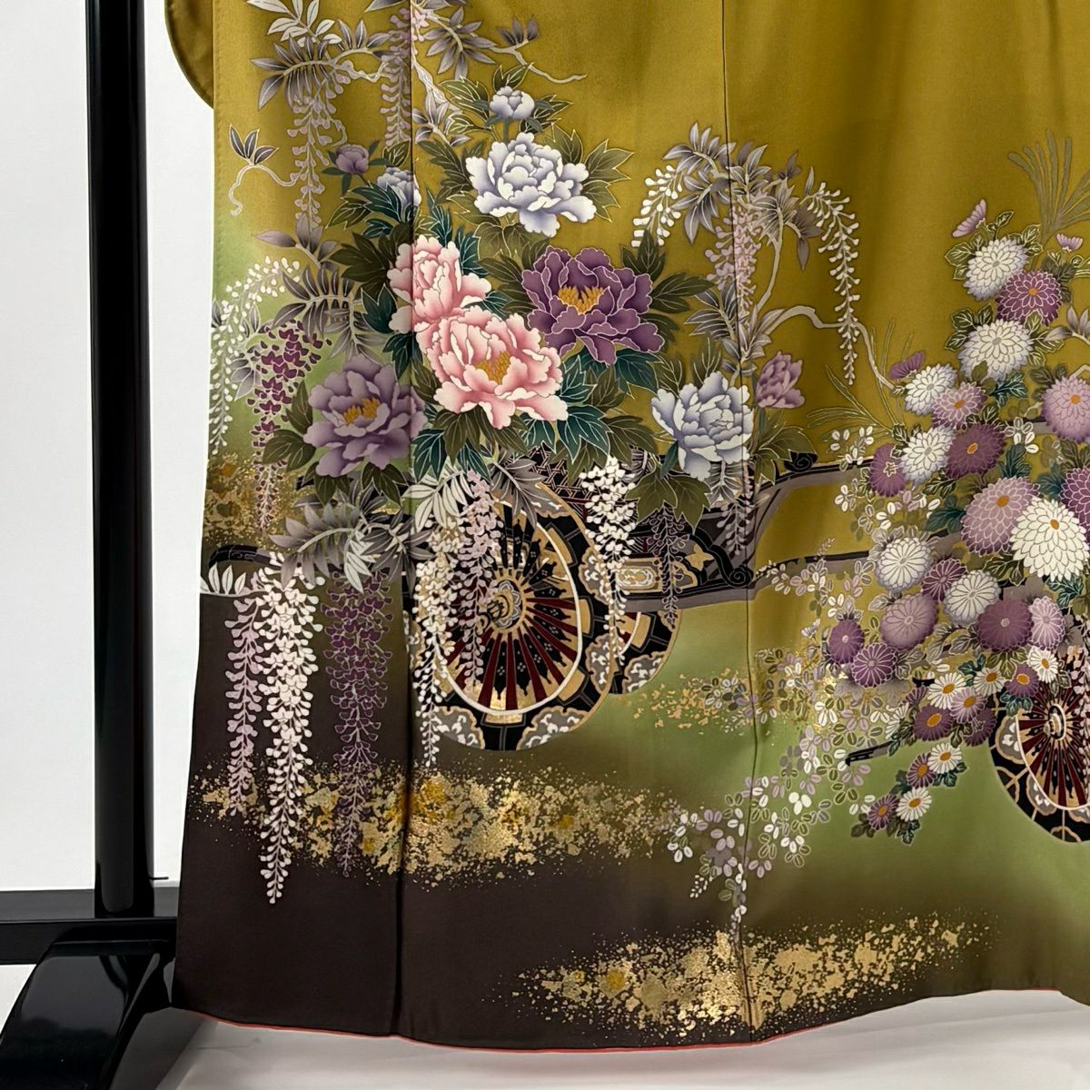 振袖禮服 身長165.5cm 袖長64cm M 雙層 花車 霞 金銀彩 芥末色 純蠶絲 名品級