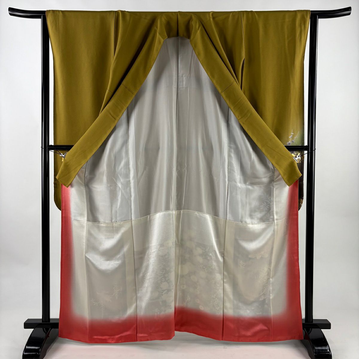 振袖禮服 身長165.5cm 袖長64cm M 雙層 花車 霞 金銀彩 芥末色 純蠶絲 名品級