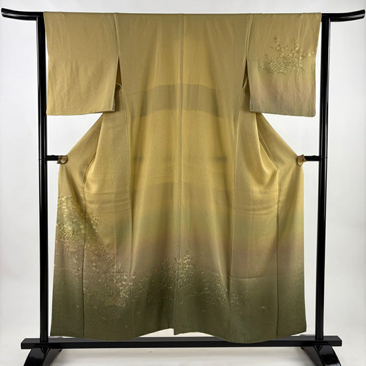 付下 身長154.5cm 袖長63cm S 雙層 雲紋 草花紋紋 金絲 刺繡 黃土 純蠶絲 名品級
