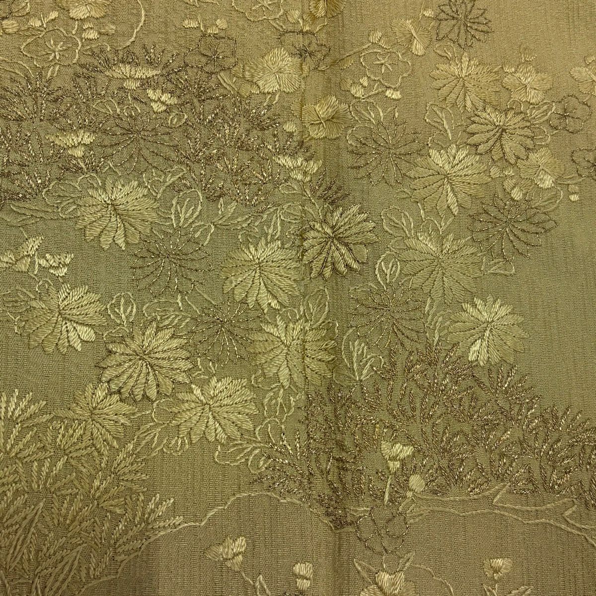 付下 身長154.5cm 袖長63cm S 雙層 雲紋 草花紋紋 金絲 刺繡 黃土 純蠶絲 名品級
