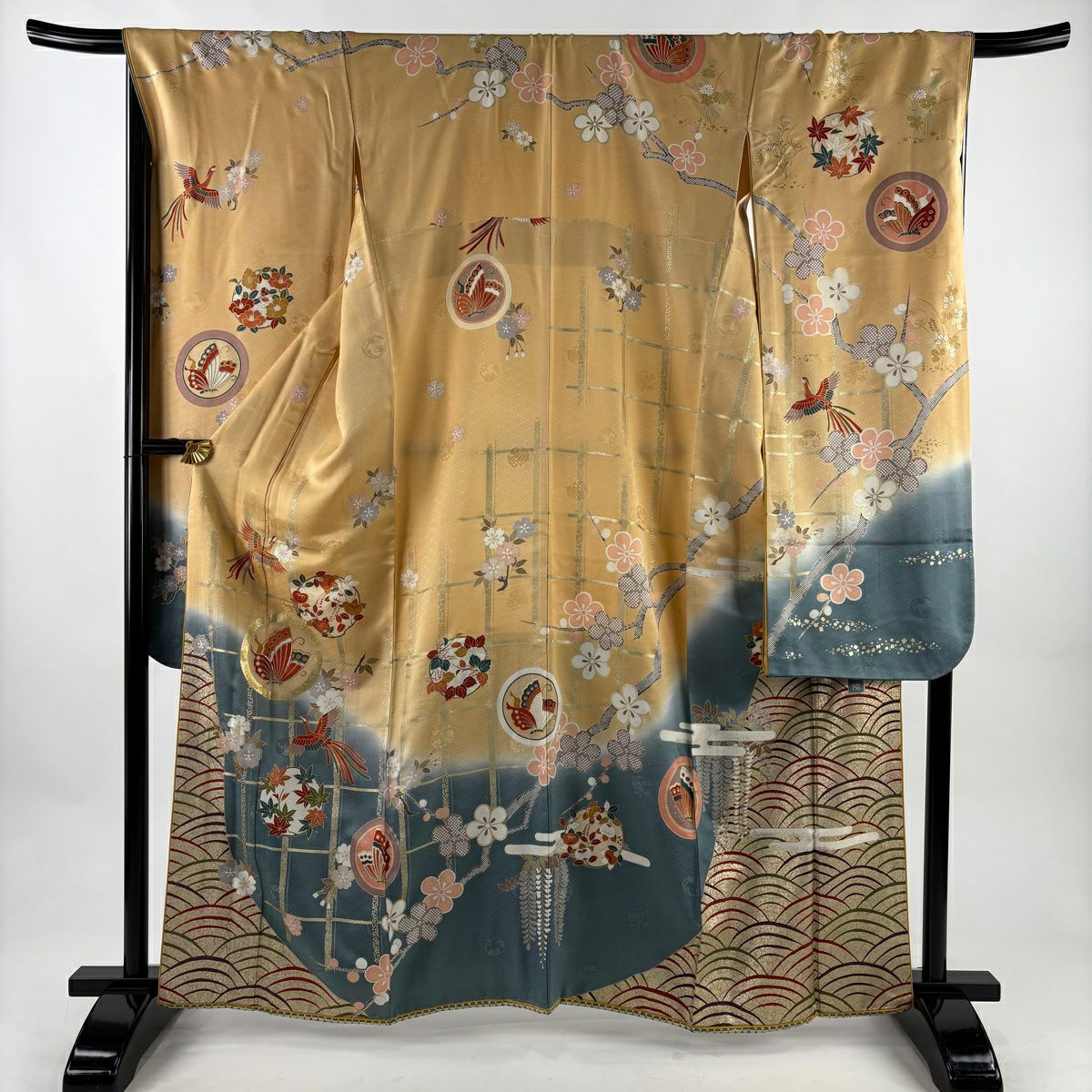 振袖禮服 身長163cm 袖長68cm L 雙層 大和 落款 鎌倉文 花鳥 金絲 金銀彩 米色 純蠶絲 名品級