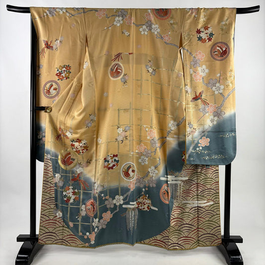 振袖禮服 身長163cm 袖長68cm L 雙層 大和 落款 鎌倉文 花鳥 金絲 金銀彩 米色 純蠶絲 名品級