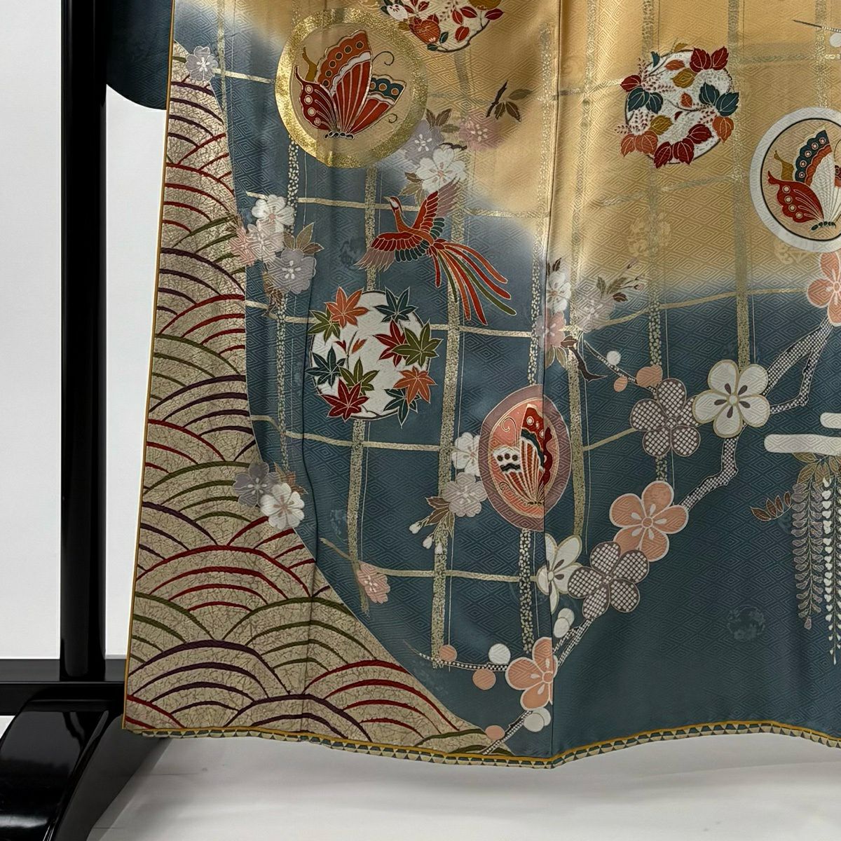 振袖禮服 身長163cm 袖長68cm L 雙層 大和 落款 鎌倉文 花鳥 金絲 金銀彩 米色 純蠶絲 名品級