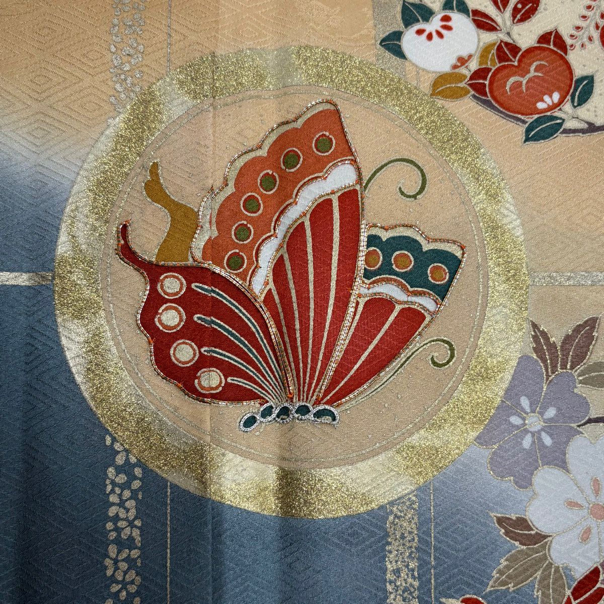 振袖禮服 身長163cm 袖長68cm L 雙層 大和 落款 鎌倉文 花鳥 金絲 金銀彩 米色 純蠶絲 名品級