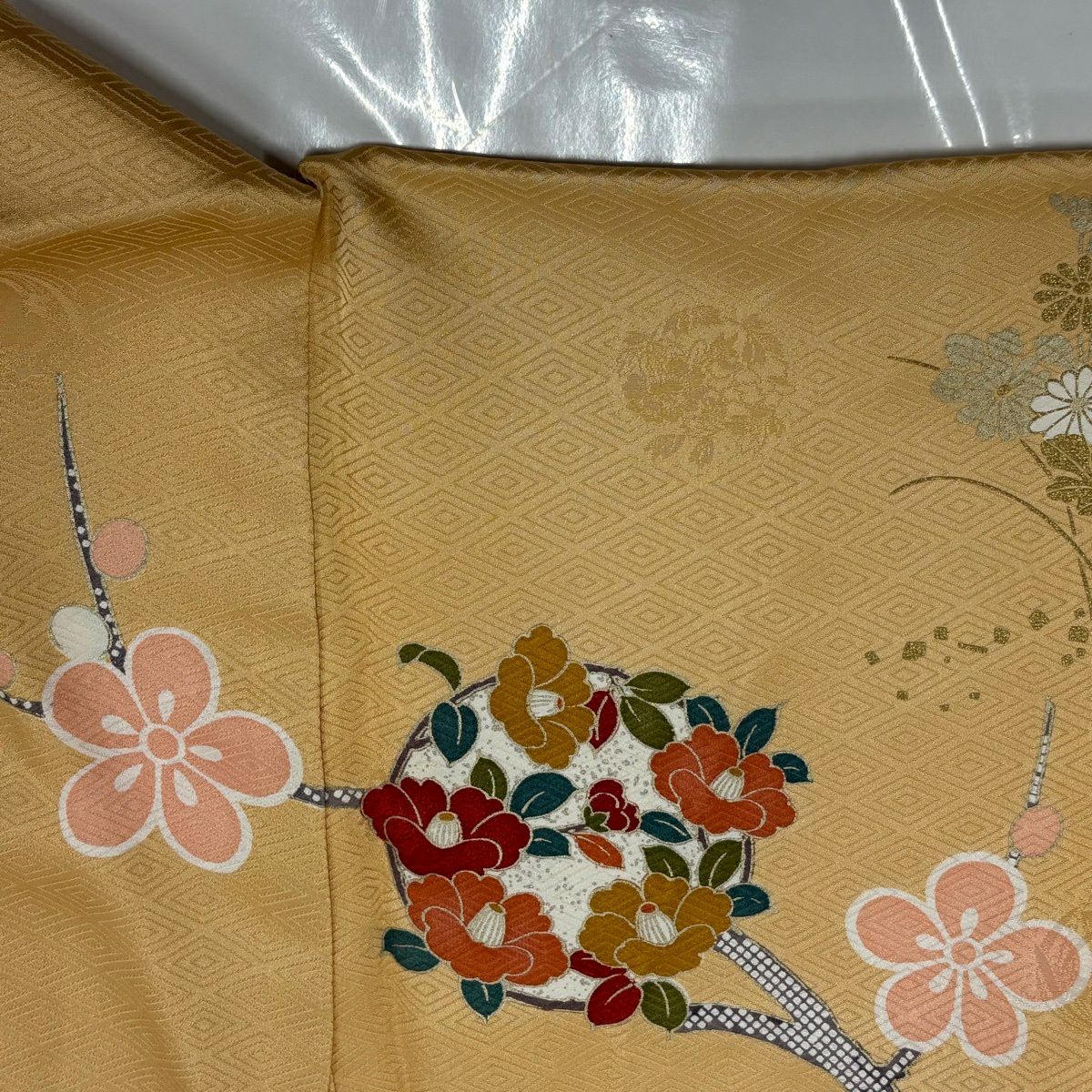 振袖禮服 身長163cm 袖長68cm L 雙層 大和 落款 鎌倉文 花鳥 金絲 金銀彩 米色 純蠶絲 名品級