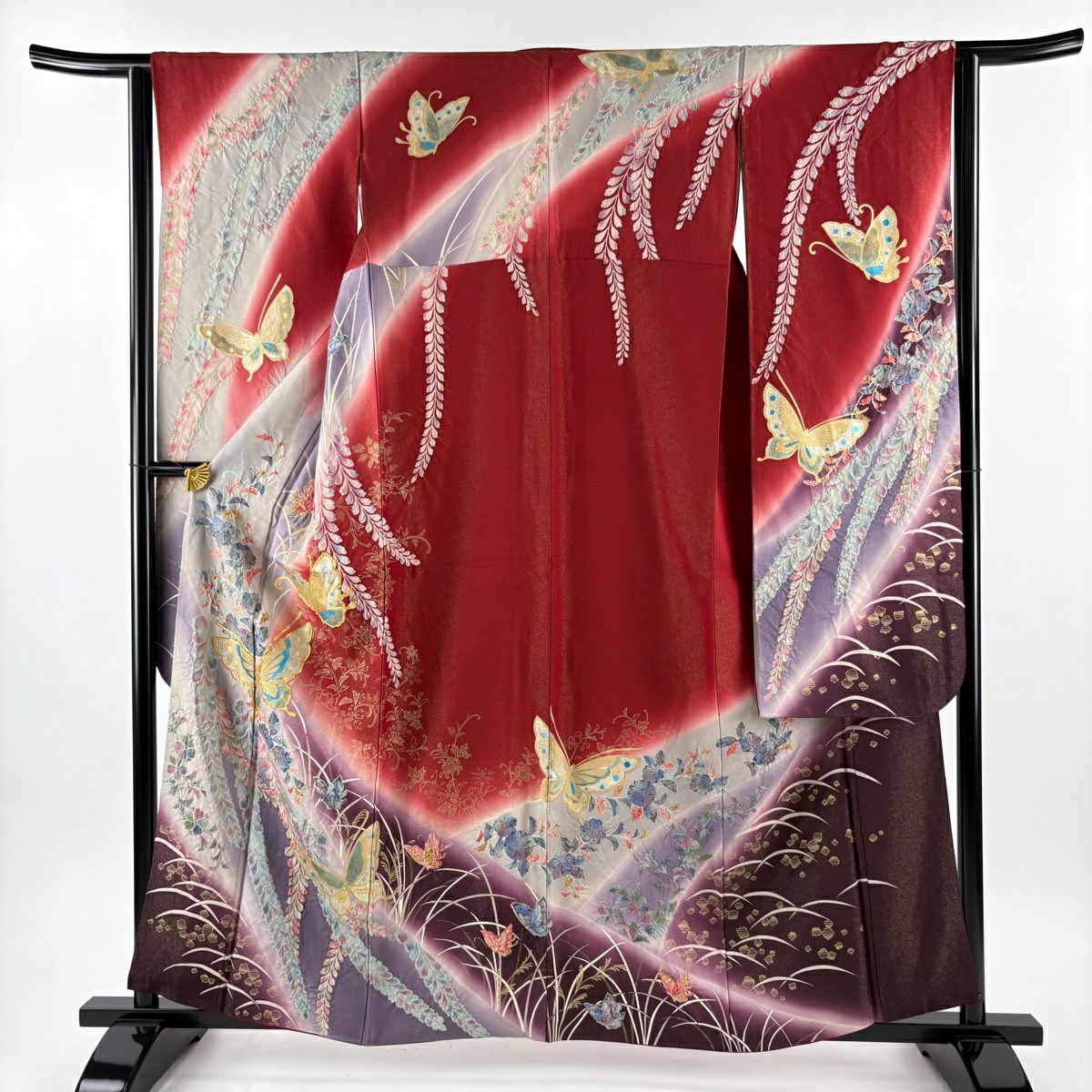 振袖禮服 身長160cm 袖長62.5cm S 雙層 蝶 草花紋紋 金通し 金絲 紅 純蠶絲 名品級