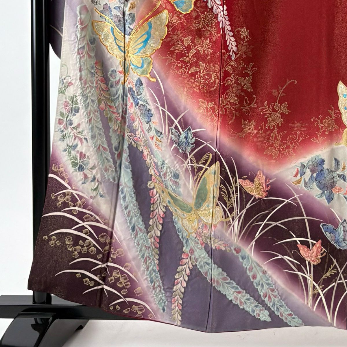 振袖禮服 身長160cm 袖長62.5cm S 雙層 蝶 草花紋紋 金通し 金絲 紅 純蠶絲 名品級