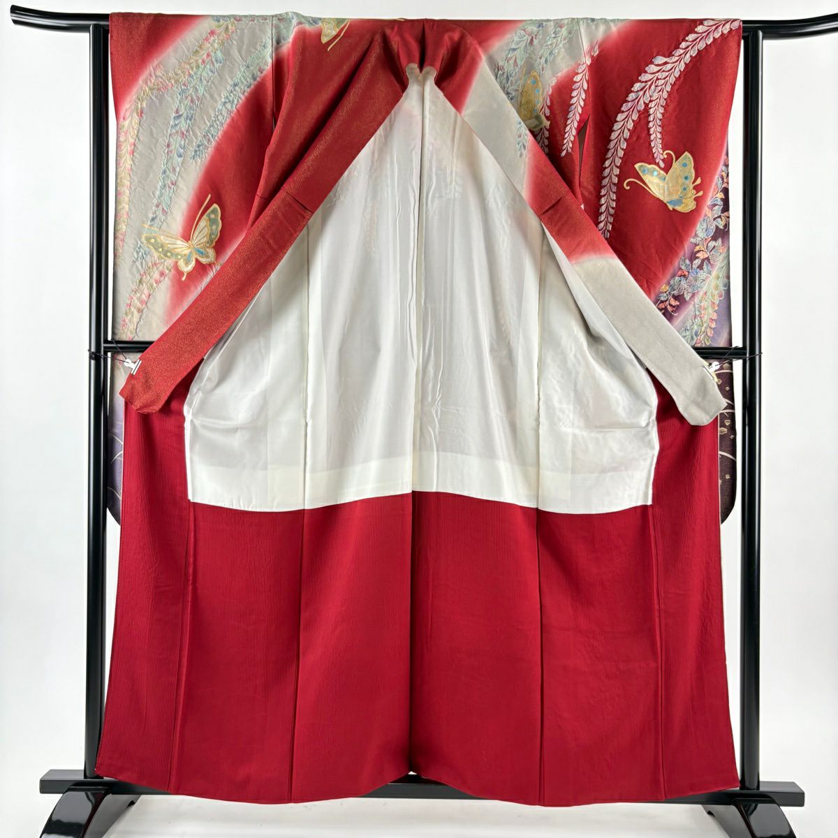 振袖禮服 身長160cm 袖長62.5cm S 雙層 蝶 草花紋紋 金通し 金絲 紅 純蠶絲 名品級