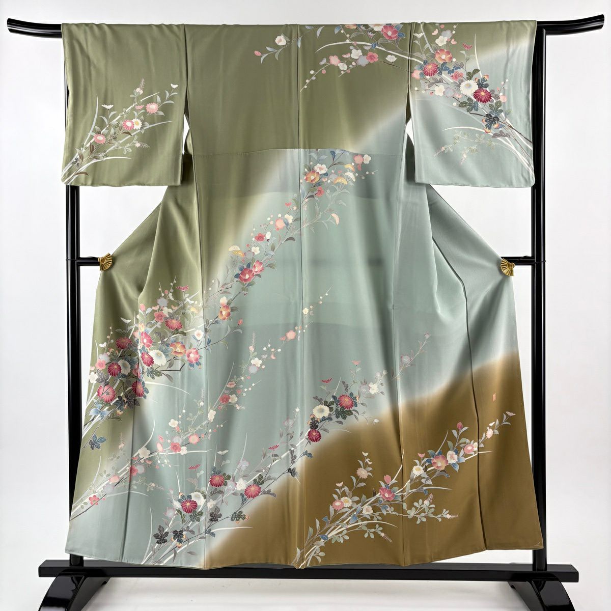 訪問服 身長156cm 袖長66cm M 雙層 落款あり 菊花 枝梅花 灰綠 純蠶絲 名品級