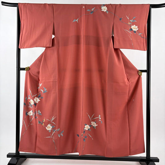 【美品】 付下 身長155.5cm 袖長65cm M 雙層 南克治 落款 草花紋紋 粉紅 純蠶絲 名品級 一つ紋