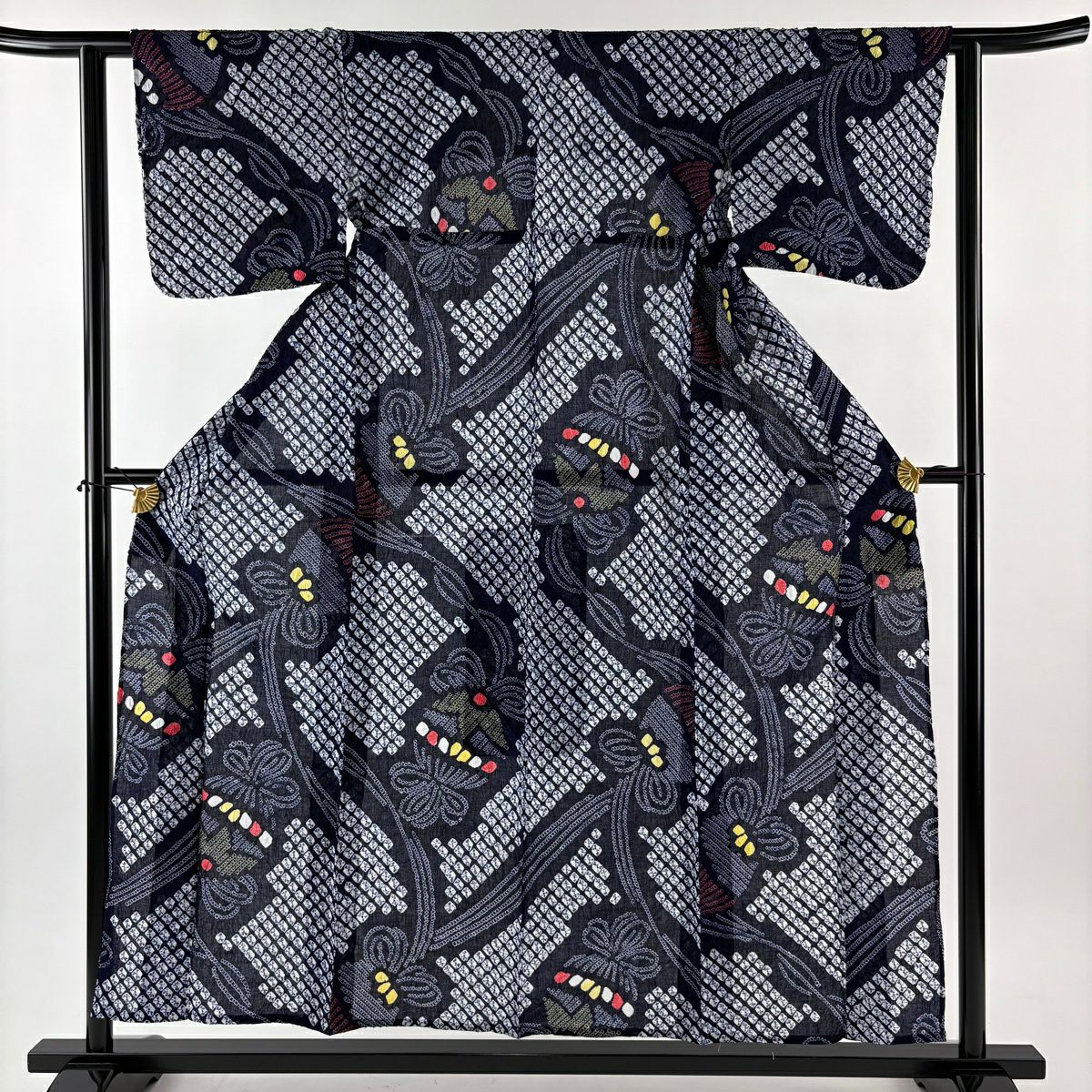 【美品】 浴衣 身長154.5cm 袖長61.5cm S 絞染浴衣 くす玉 深藍 純棉 名品級