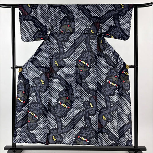【美品】 浴衣 身長154.5cm 袖長61.5cm S 絞染浴衣 くす玉 深藍 純棉 名品級