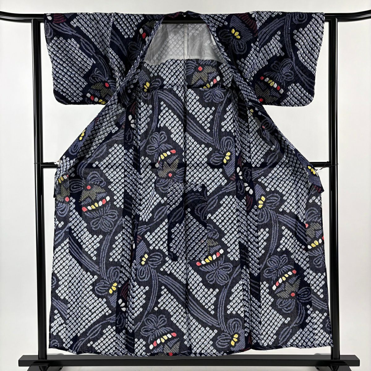 【美品】 浴衣 身長154.5cm 袖長61.5cm S 絞染浴衣 くす玉 深藍 純棉 名品級