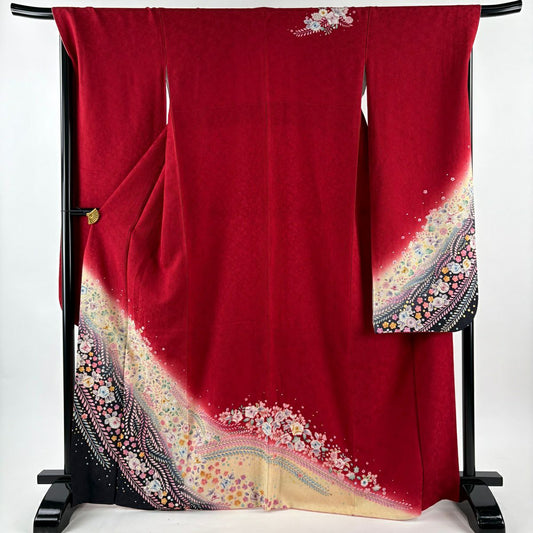 【美品】振袖禮服 身長168cm 袖長68cm L 雙層 辻花染 梅花 金彩裝飾 漸層 紅 純蠶絲 名品級