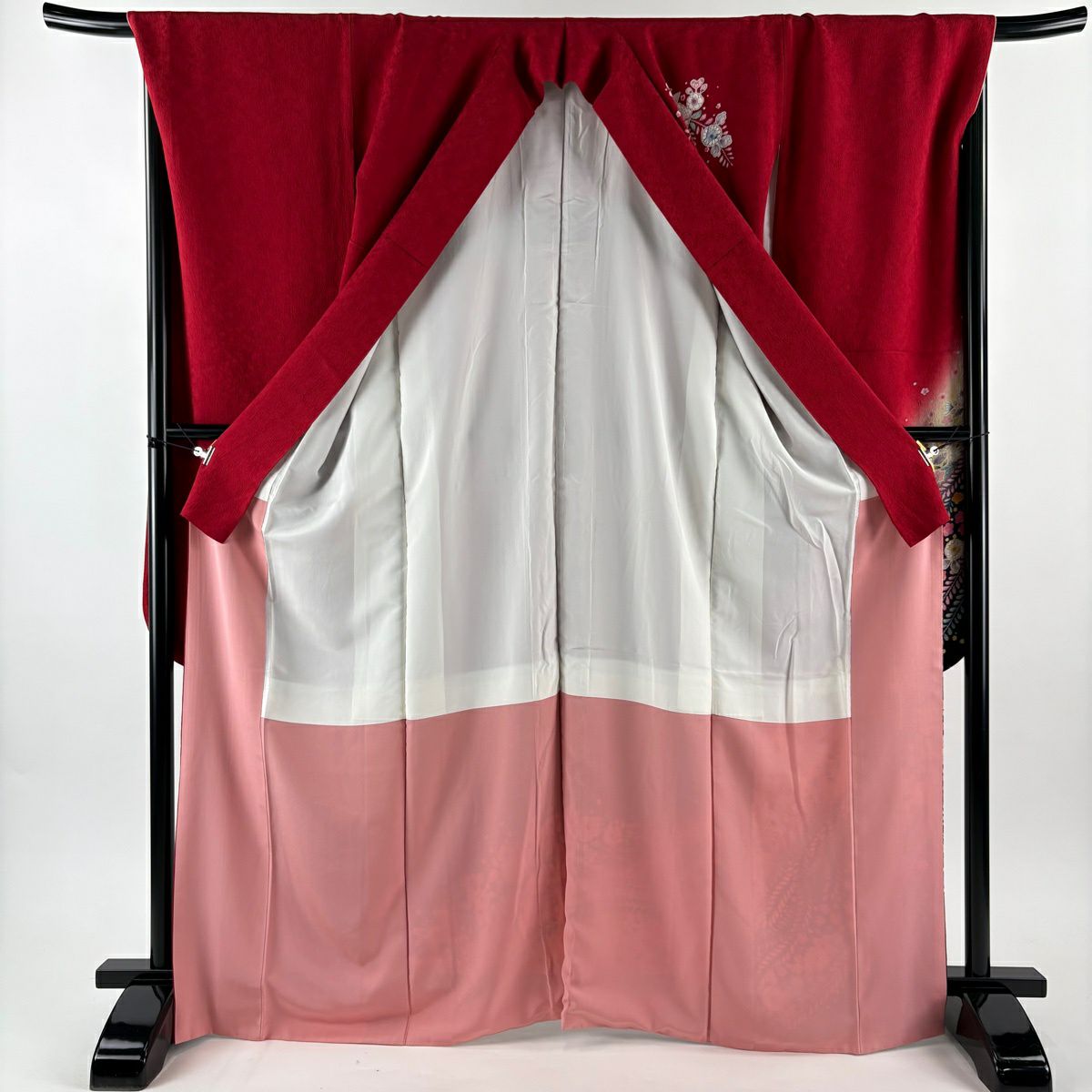 【美品】振袖禮服 身長168cm 袖長68cm L 雙層 辻花染 梅花 金彩裝飾 漸層 紅 純蠶絲 名品級