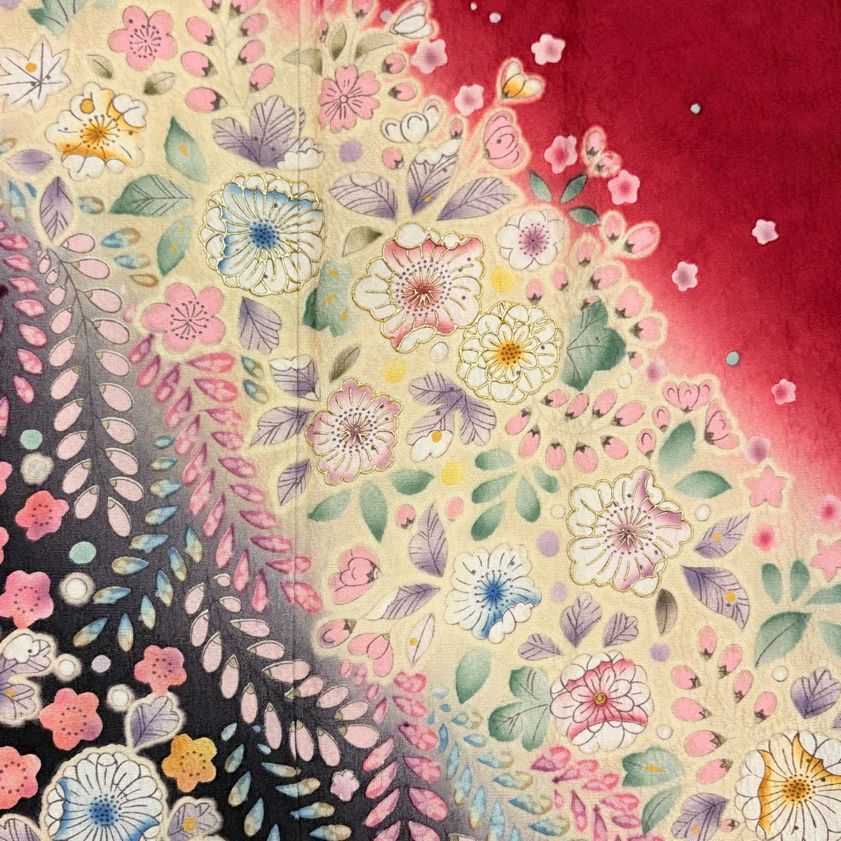 【美品】振袖禮服 身長168cm 袖長68cm L 雙層 辻花染 梅花 金彩裝飾 漸層 紅 純蠶絲 名品級