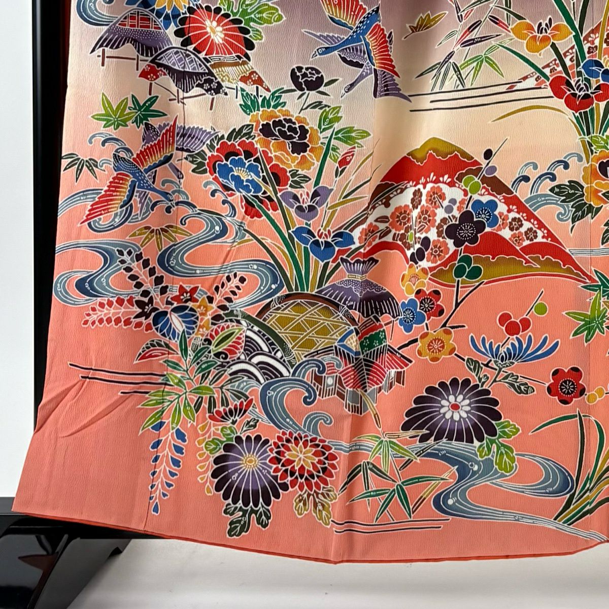 振袖禮服 身長158cm 袖長65.5cm M 雙層 菊花 流水 染分 ぼかし 灰紫 純蠶絲 名品級
