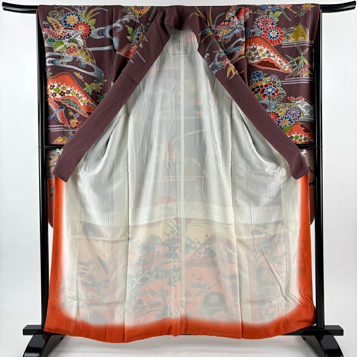 振袖禮服 身長158cm 袖長65.5cm M 雙層 菊花 流水 染分 ぼかし 灰紫 純蠶絲 名品級