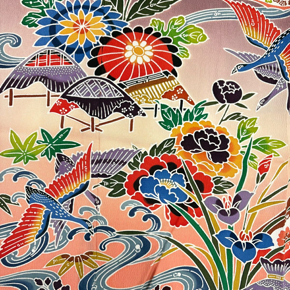 振袖禮服 身長158cm 袖長65.5cm M 雙層 菊花 流水 染分 ぼかし 灰紫 純蠶絲 名品級