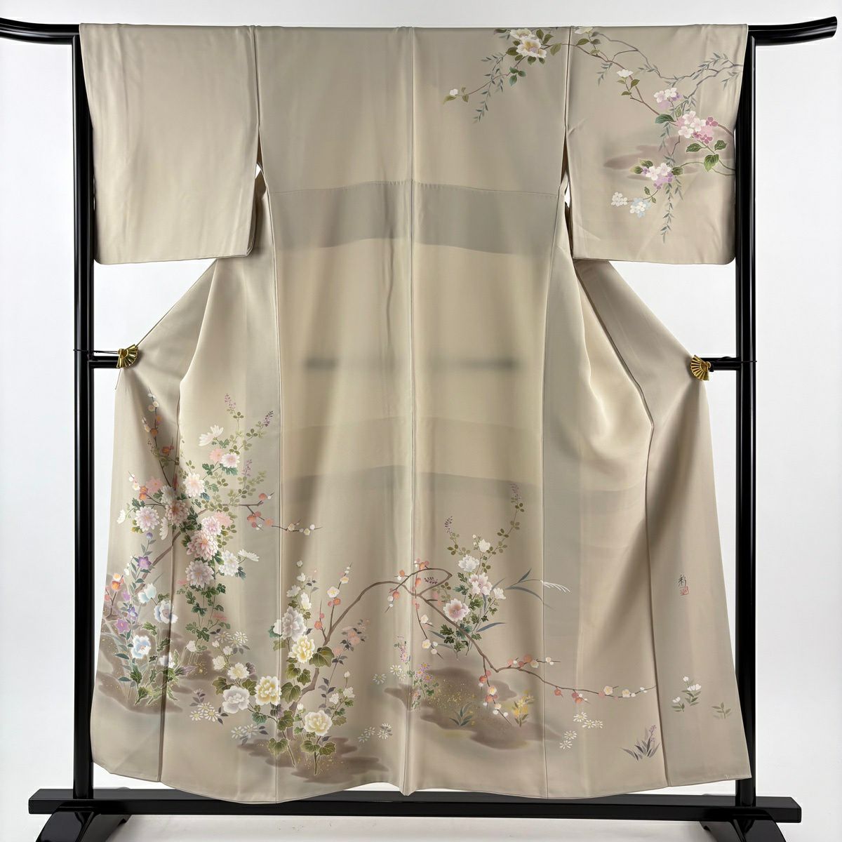 訪問服 身長154.5cm 袖長66cm M 雙層 落款あり 菊花 枝梅花 金銀彩 米色 純蠶絲 名品級