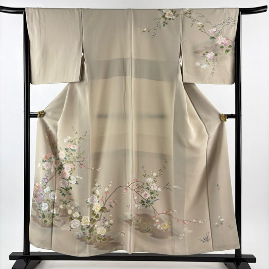 訪問服 身長154.5cm 袖長66cm M 雙層 落款あり 菊花 枝梅花 金銀彩 米色 純蠶絲 名品級
