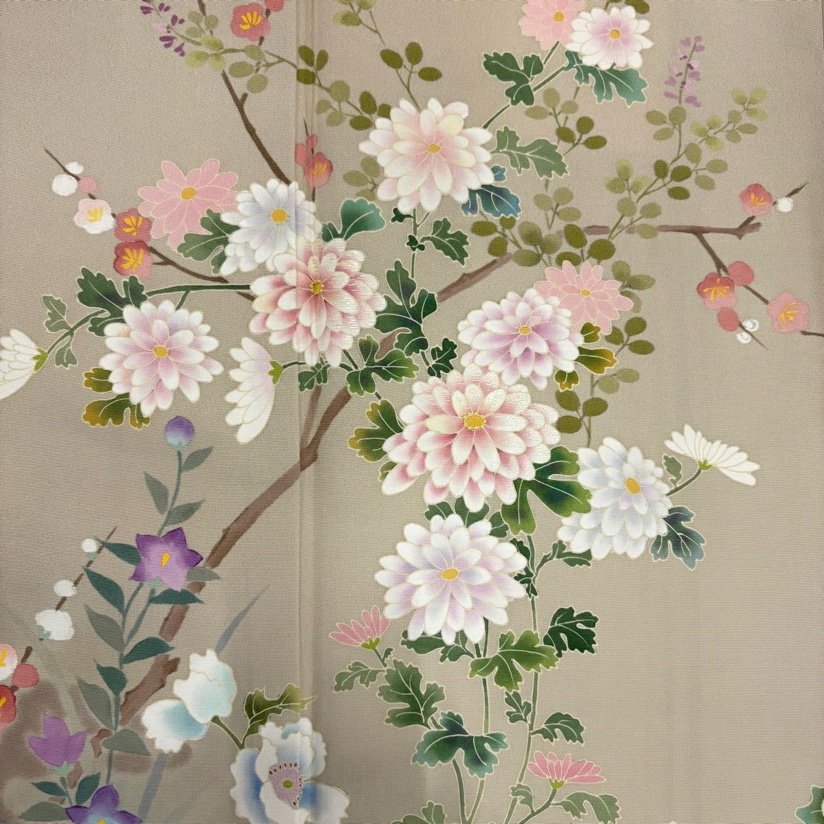 訪問服 身長154.5cm 袖長66cm M 雙層 落款あり 菊花 枝梅花 金銀彩 米色 純蠶絲 名品級