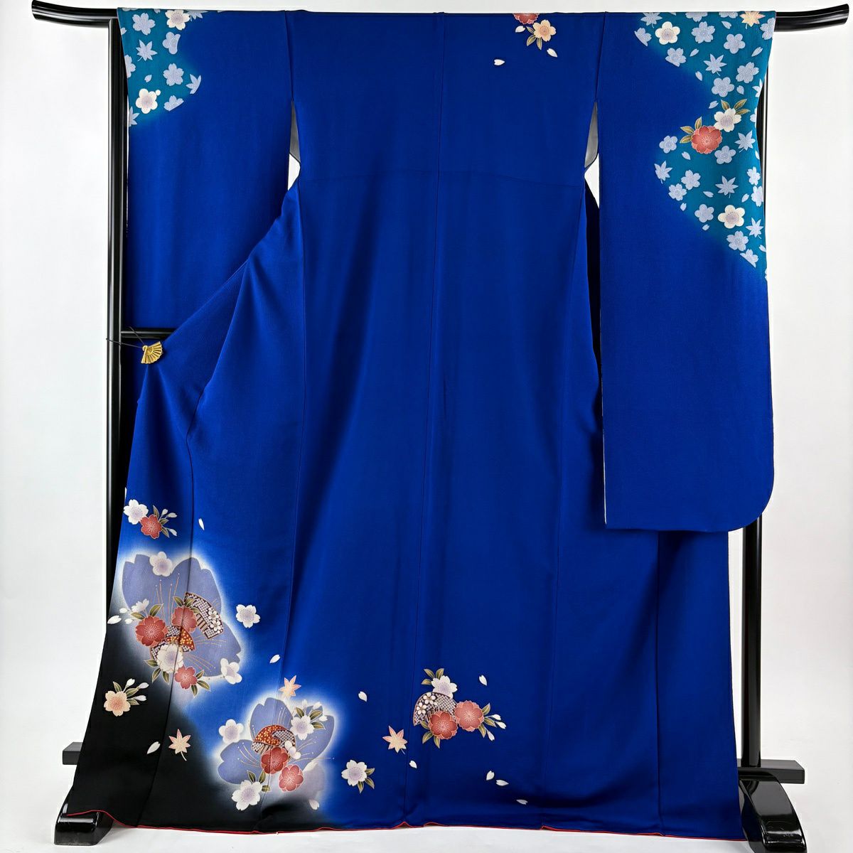 【美品】振袖禮服 身長173cm 袖長67cm M 雙層 櫻花 櫛 金銀彩 絞緞 青 純蠶絲 名品級