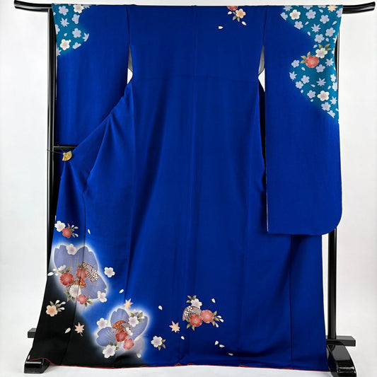 【美品】振袖禮服 身長173cm 袖長67cm M 雙層 櫻花 櫛 金銀彩 絞緞 青 純蠶絲 名品級