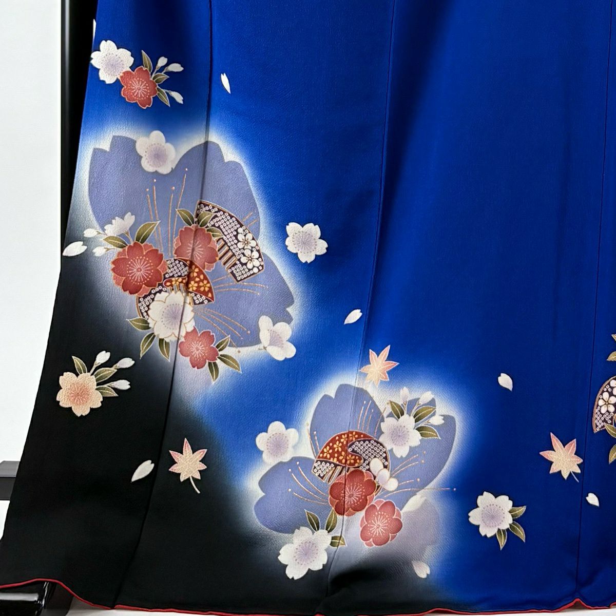 【美品】振袖禮服 身長173cm 袖長67cm M 雙層 櫻花 櫛 金銀彩 絞緞 青 純蠶絲 名品級