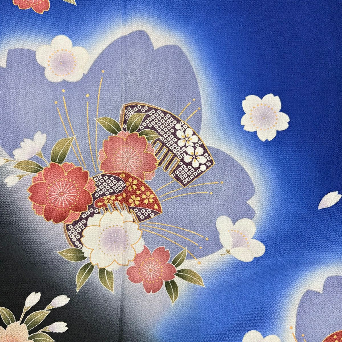 【美品】振袖禮服 身長173cm 袖長67cm M 雙層 櫻花 櫛 金銀彩 絞緞 青 純蠶絲 名品級
