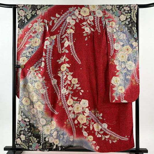 振袖禮服 身長155.5cm 袖長63cm S 雙層 辻花染 金銀彩 染分 紅 純蠶絲 名品級