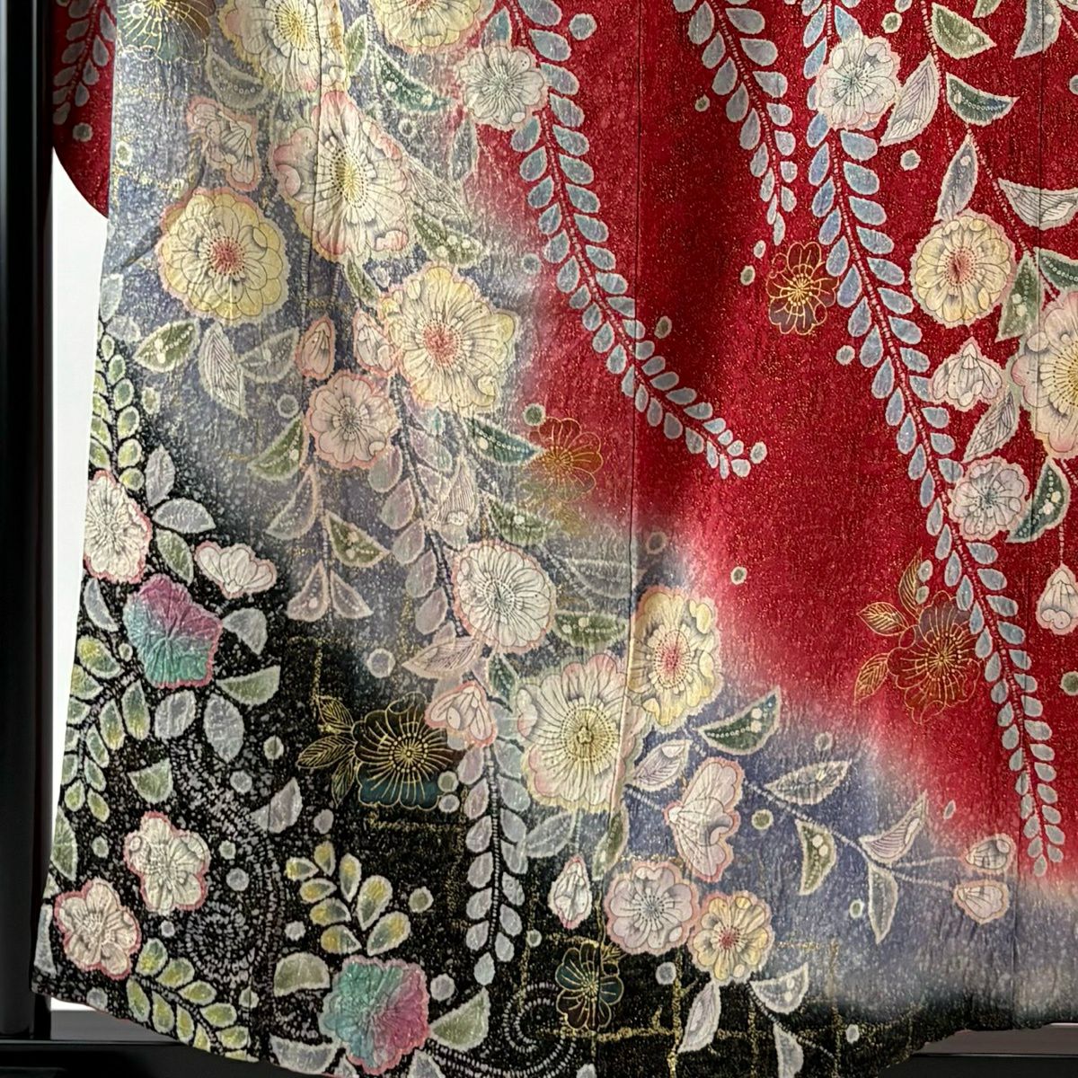 振袖禮服 身長155.5cm 袖長63cm S 雙層 辻花染 金銀彩 染分 紅 純蠶絲 名品級