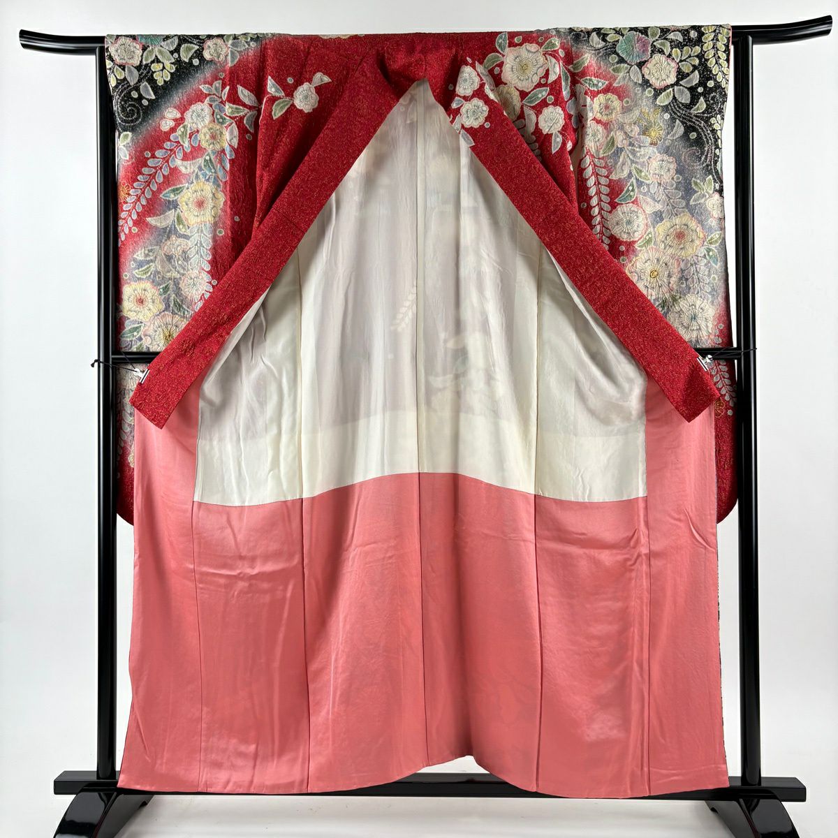 振袖禮服 身長155.5cm 袖長63cm S 雙層 辻花染 金銀彩 染分 紅 純蠶絲 名品級